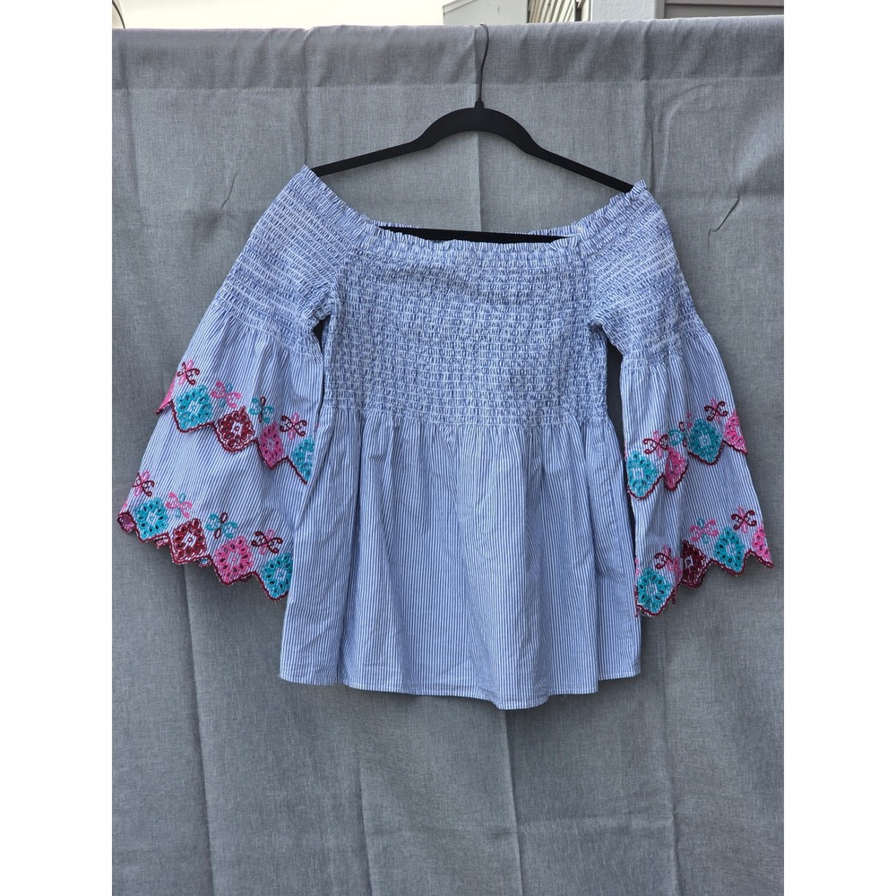 LOFT Ann Taylor Blue White Striped Smocked Off Shoulder Embroidered Blouse S
